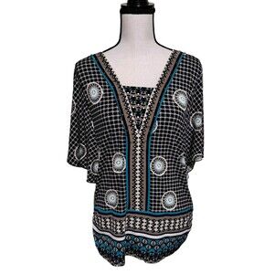 JM Collection Batwing Tunic Top Black Blue White Chain Print Rhinestones Medium